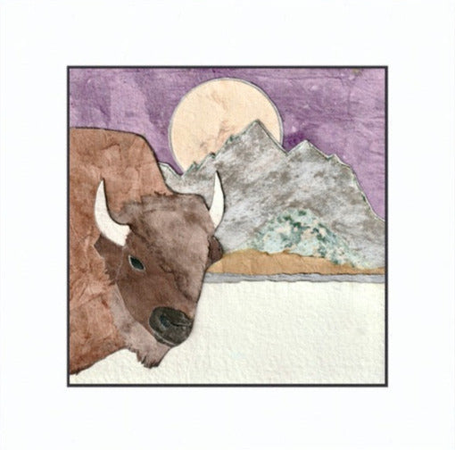 " Teton Purple Moonset Bison " Paper Collage Art