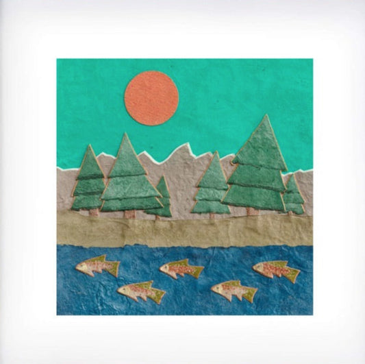 mountain scene. pine trees, mountains, full sun and fish swimming in the stream