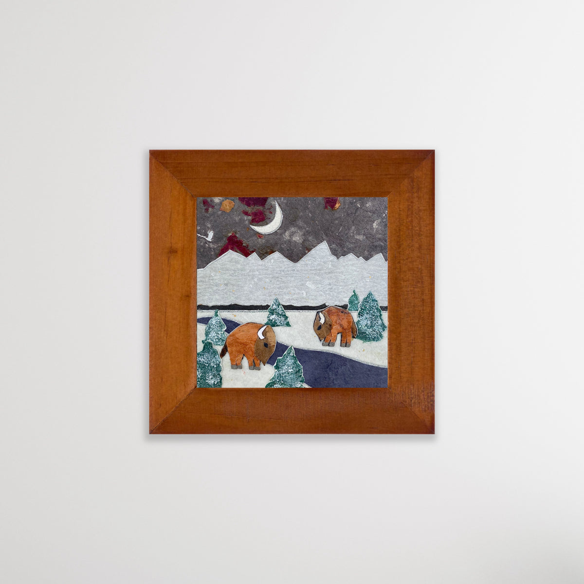 " Teton Winter Crescent Moon Bison " Paper Collage Art