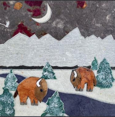 " Teton Winter Crescent Moon Bison " Paper Collage Art