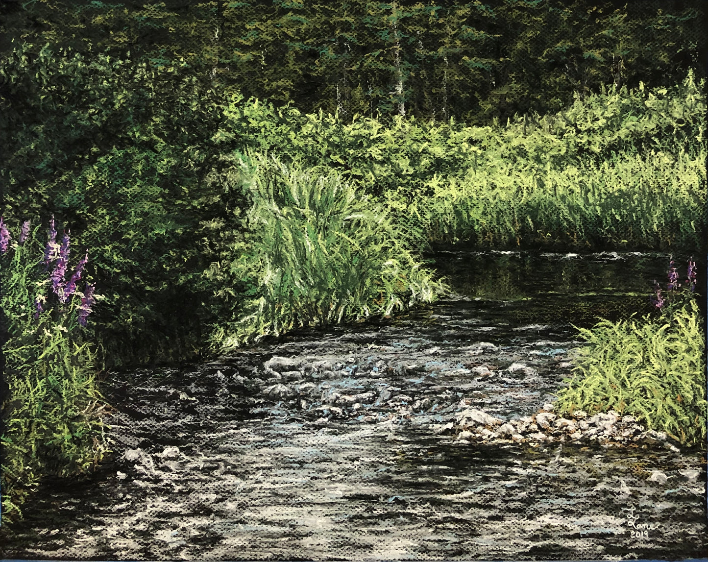 pastel painting. water of Turpin Creek in the Snowy Range Mountains passes over rocks. pine trees in the background. purple flowers grow along the water edge