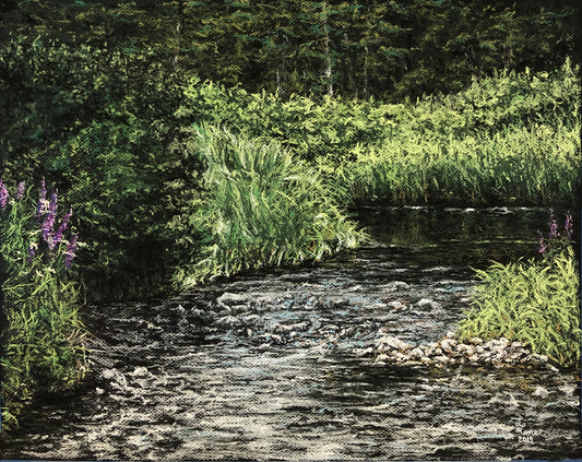 pastel painting. water of Turpin Creek in the Snowy Range Mountains passes over rocks. pine trees in the background. purple flowers grow along the water edge