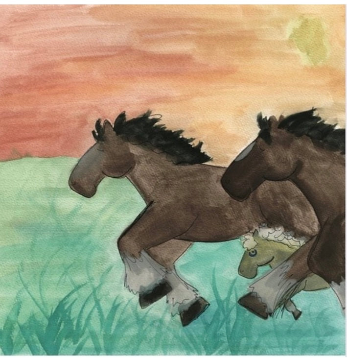 Colorful illustrations by Roz Fichtner of the thundering ranch horses and little Thunder. Part of the Rusty, the Ranch Horse series of values and lessons.