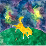 The meadowlark watches Rusty, the Ranch Horse, kick up his heels as lightening flashes in the  storm.