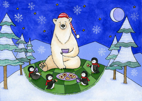 Winter Picnic  Polar Bear and Penguins Sharing Cookies