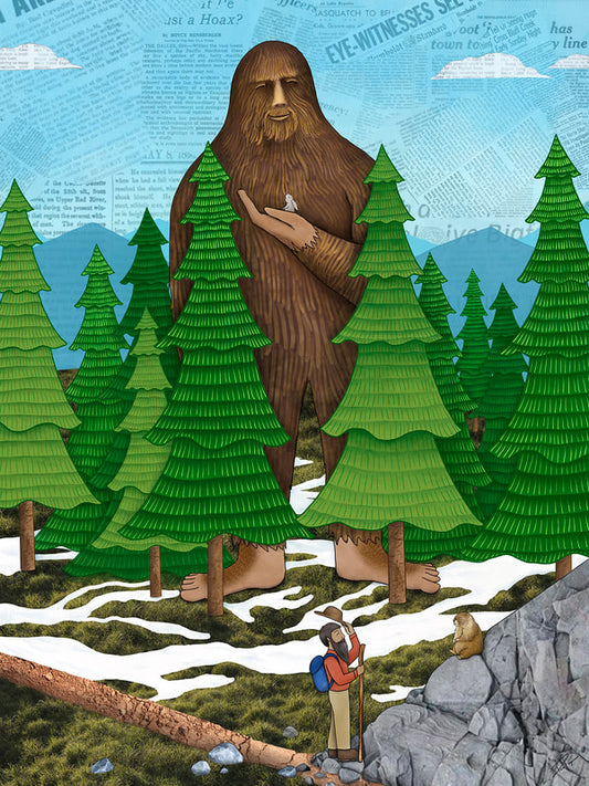 Print -" The Caretaker " Big Foot Sasquatch Holding Bunny