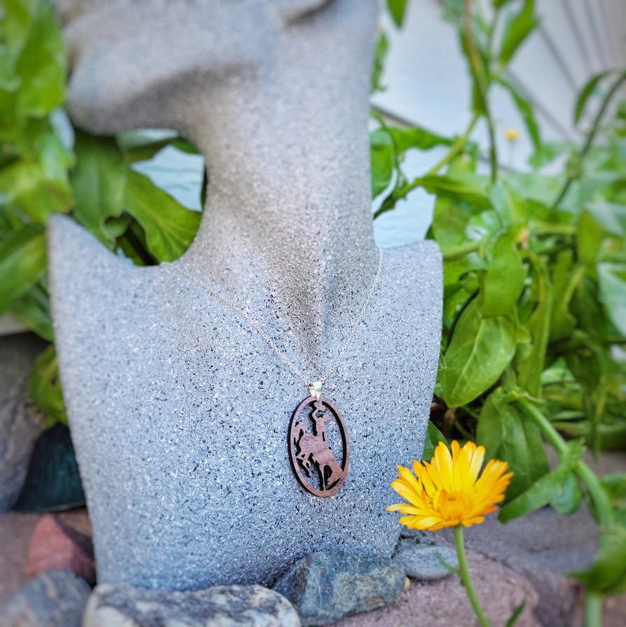 Necklace- Oval With Bucking Bronc Silhouette Wood