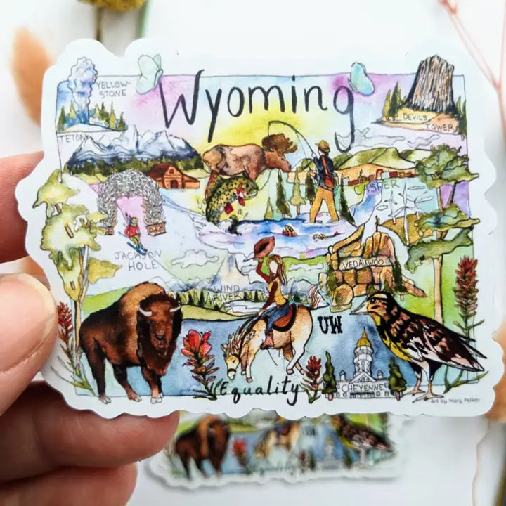 Magnet or Sticker - Wyoming Map With Icons