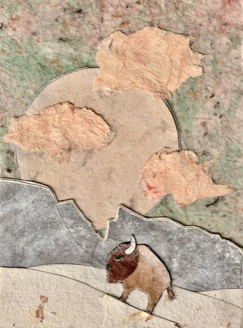 Paper Collage Print- "Sheep Mountain Moonrise Bison"
