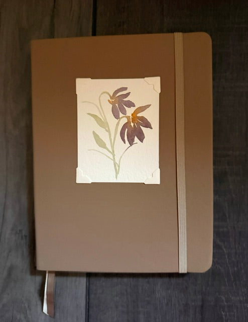 Dot Journal- Taupe with Two Purple Flowers Watercolor