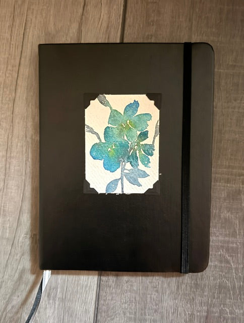 Lined Journal- Black Leather Look, Blue Floral Watercolor