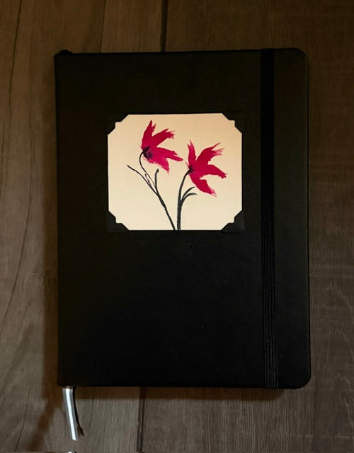 Lined Journal- Black Leather Look, Two Asian Flowers