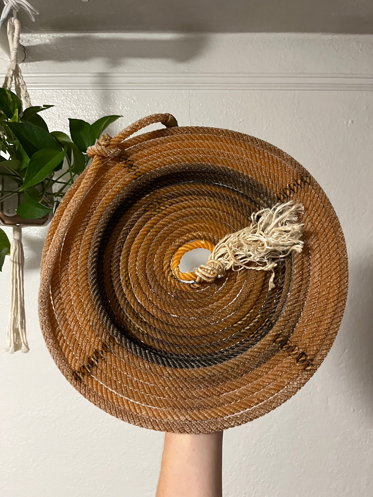 Orange Decorative Flat Rope Basket Artist: Aleah Russell  Recycled lariat rope  Rope came from a working ranch in Wyoming.  Authentic and hand crafted by the artist  Shallow rope basket with slight brim and tassel in center  Put some wild west on a counter or nightstand to add a bit of flare  Would make a nice fruit basket  Add a bowl inside for holding small items  14" long x 14" high x 3" wide
