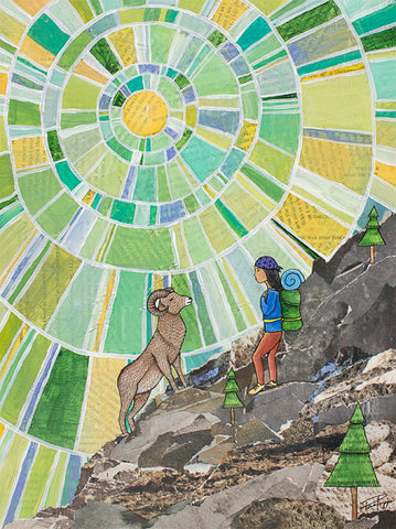 Print of an original mixed media by the artist  Young girl hiking and comes across a Big Horn Sheep  Green, yellow blue sky behind them  This fine art giclee print is a high quality reproduction of an original painting of the same title  This museum-grade print is created using UVA water resistant inks, which will not fade over time  9" long x 12" high print
