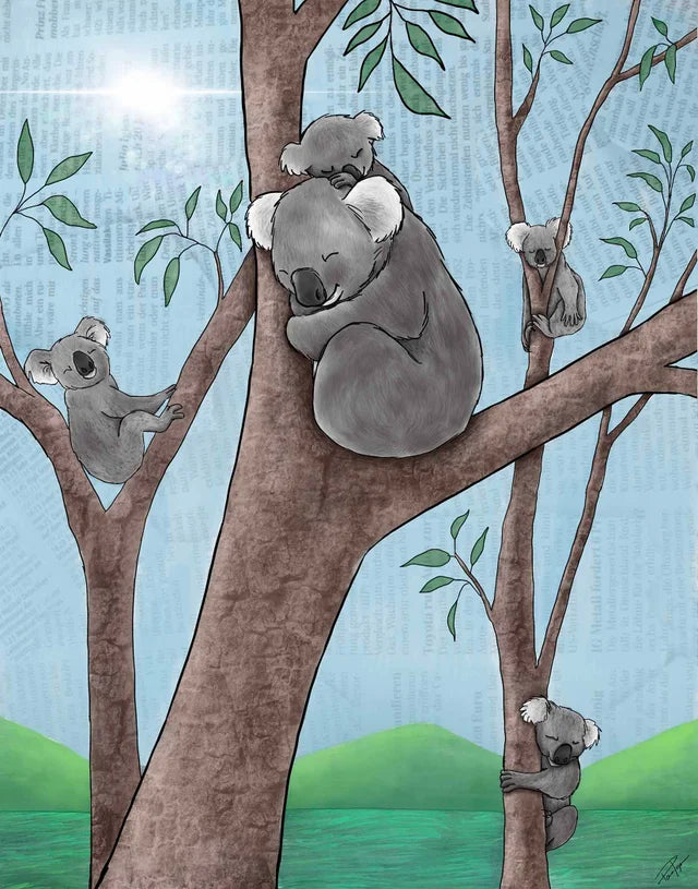 Print of an original digital painting  Koalas hanging out in a tree  One koala has a baby on her back. 11" x 14". Print unframed