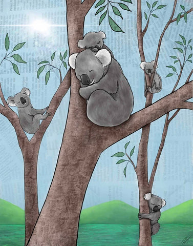 Print of an original digital painting  Koalas hanging out in a tree  One koala has a baby on her back. 11" x 14". Print unframed