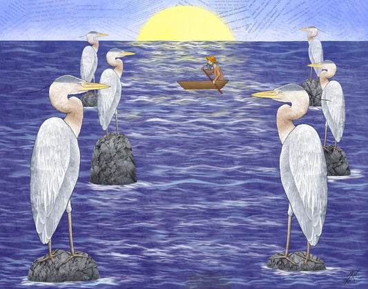 " The Great Blue " Blue Herons Digital Art Print Artist: Tara Pappas Print from Original Digital Painting  Blue Herons standing on rocks in the middle of water while a man rows his small boat in front of a setting sun  High quality museum-grade archival giclee print  14" long x 11" high print  Certificate of Authenticity attached to the back  Comes in protective plastic sleeve  Attached to foam board for added protection  Ready for a frame  Would be a wonderful addition to any room in your home