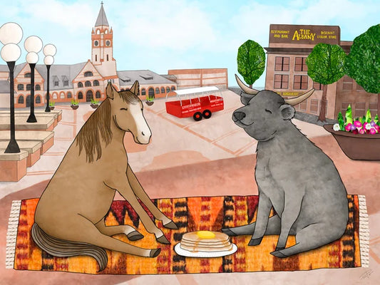 " After the Show " Cheyenne Frontier Days Digital Art Print Artist:&nbsp; Tara Pappas  Print of an original digital art painting   A horse and a steer are enjoying a pancake breakfast in Downtown Cheyenne during Cheyenne Frontier Days   Historic Train Depot can be seen behind them  This fine art giclee print is a high quality reproduction of an original painting of the same title   This museum-grade print is created using UVA water resistant inks, which will not fade over time  12" long x 9" high print