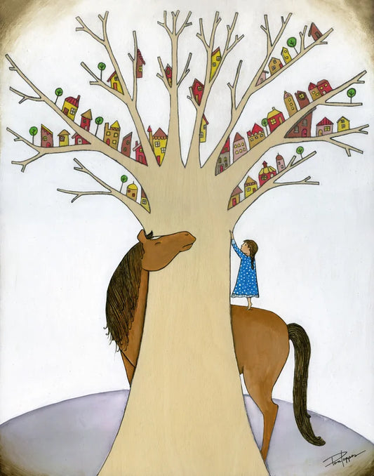 " Visitors " Girl and Horse Mixed Media Print