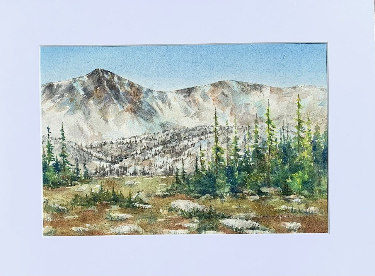 Spring Is Here " Snowy Range Matted Original Watercolor Watercolor Artist: Svetlana Howe  Original watercolor painting   Beautiful springtime watercolor painting  Snowy Range mountains just west of Laramie Wyoming   Scenic byway from Laramie to Saratoga Wyoming   15" long x 10.5" high painting   19" x 14.5" includes white mat  Matted in a white mat  Ready for a frame of your choice