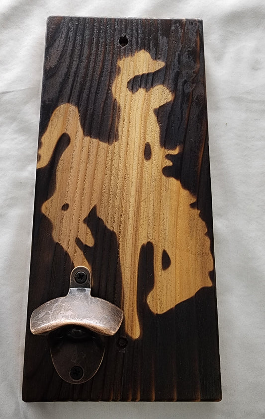 Wyoming Bucking Bronc Wood Burned Background Wall Mount Bottle Opener