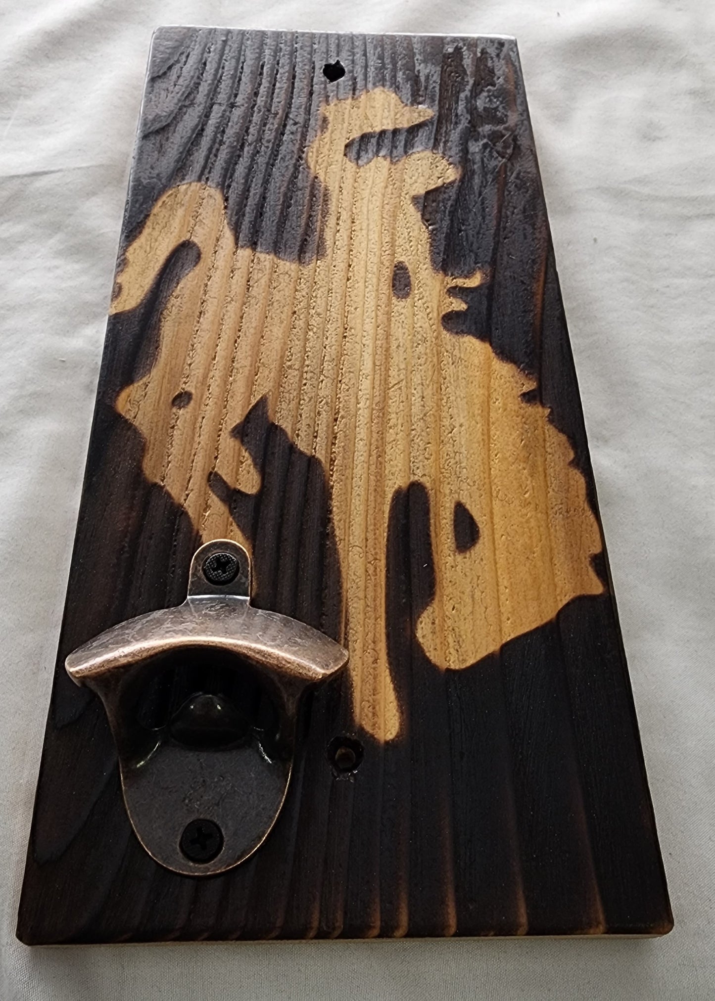 Wyoming Bucking Bronc Wood Burned Background Wall Mount Bottle Opener
