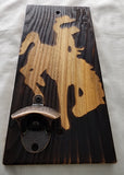 Wyoming Bucking Bronc Wood Burned Background Wall Mount Bottle Opener