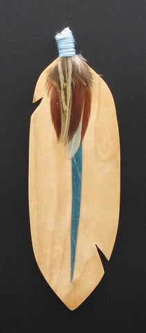 wooden feather bookmark. Teal wooden vein. Natural feathers with blue thread