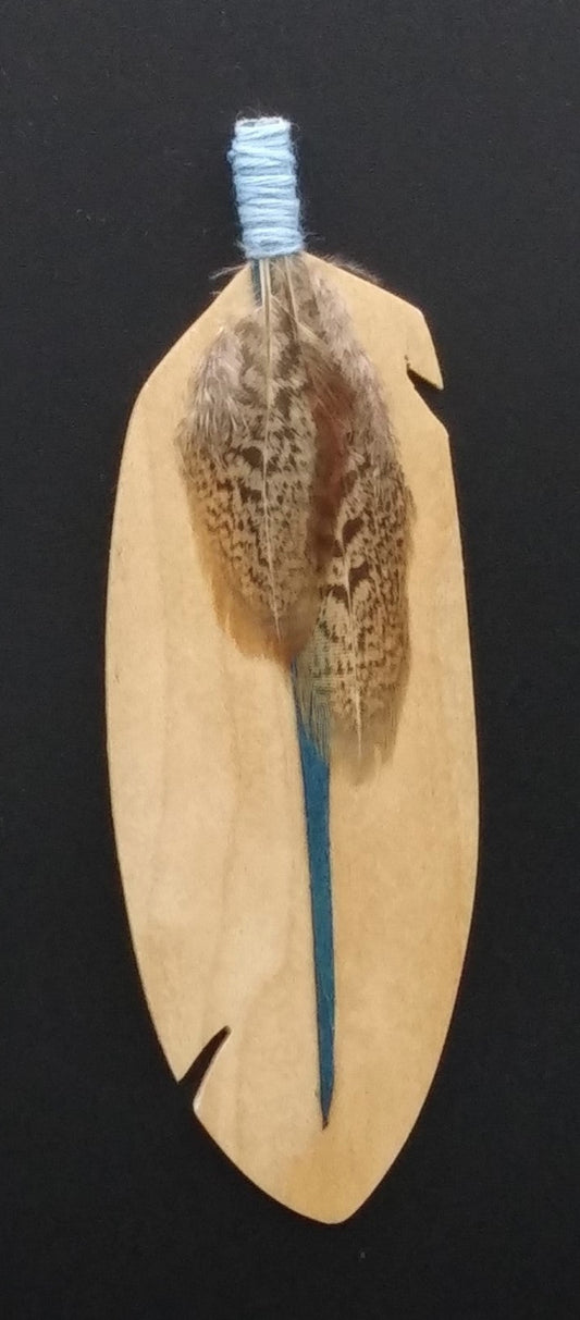 wood feather bookmark. Natural feather and teal colored wood center