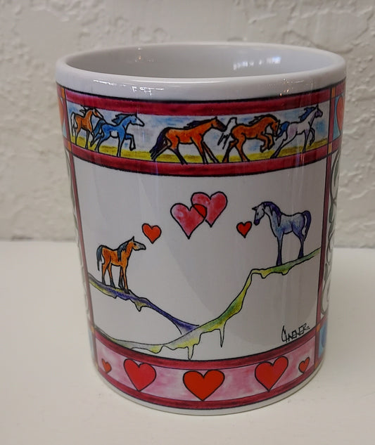 " Mustang Love " Mug Artist: Celeste Havener 8 oz white ceramic mug with handle  Print of the original drawing " Mustang Love " is on the mug  " Mustang Love " is an original drawing by the artist  Great for a cup of coffee or tea