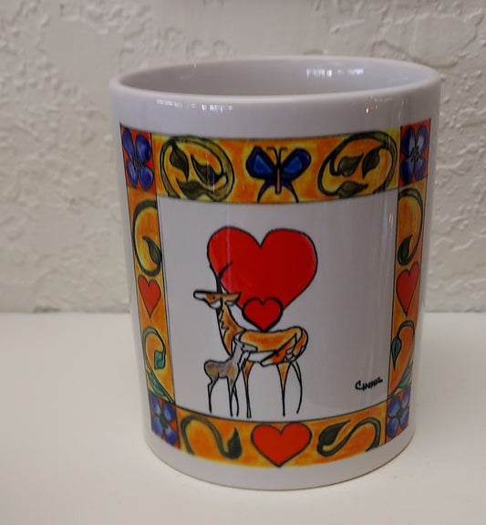 " Lope Family Love " Mug Artist: Celeste Havener 8 oz white ceramic mug with handle  Print of the original drawing " Lope Family Love " is on the mug  " Lope Family Love " is an original drawing by the artist  Great for a cup of coffee or tea