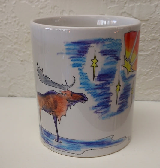 " Moose and Shooting Star " Mug Artist: Celeste Havener 8 oz white ceramic mug with handle  Print of the original drawing " Moose Shooting Star " is on the mug  " Moose Shooting Star " is an original drawing by the artist  Great for a cup of coffee or tea