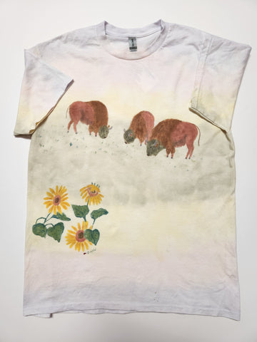 hand dyed t-shirt. Hand painted with 3 buffalo and 3 sunflowers.