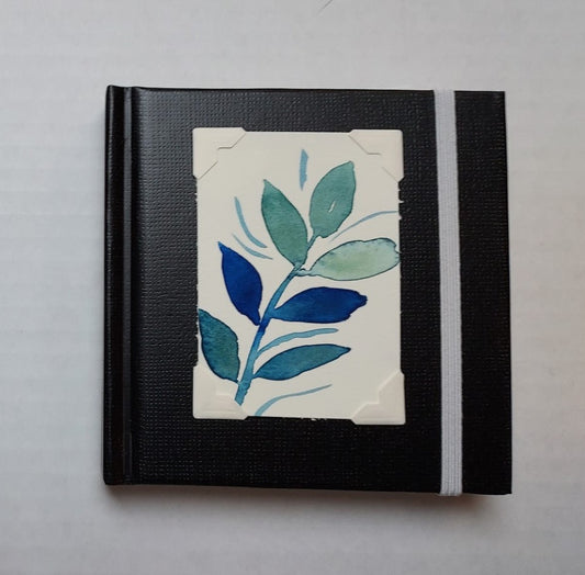 Blue Green Leaves Watercolor on Black Mini Sketchbook