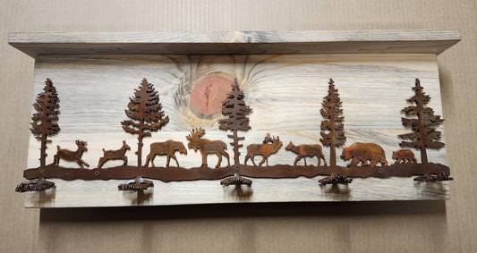 Metal Woodland Scene with Wood Shelf Coat Rack