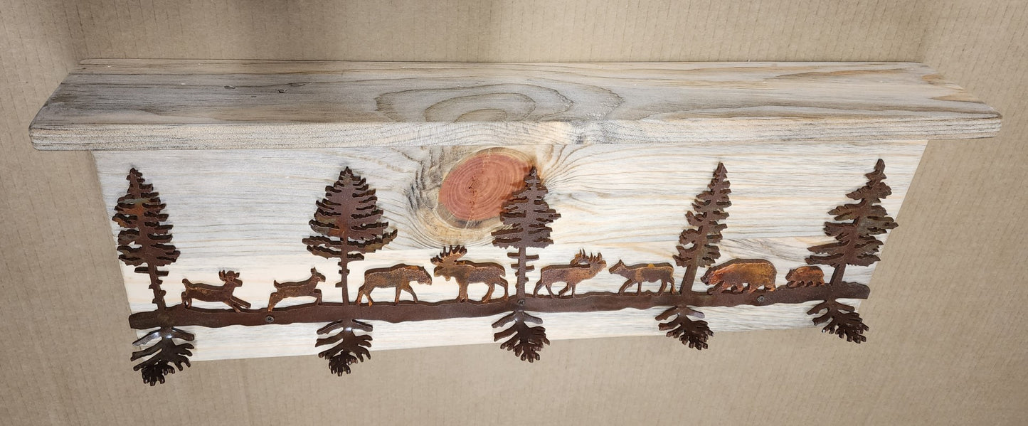 Metal Woodland Scene with Wood Shelf Coat Rack