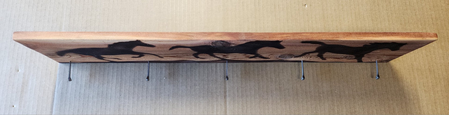 Wood Burned Horses With Horseshoe Nails Hanger