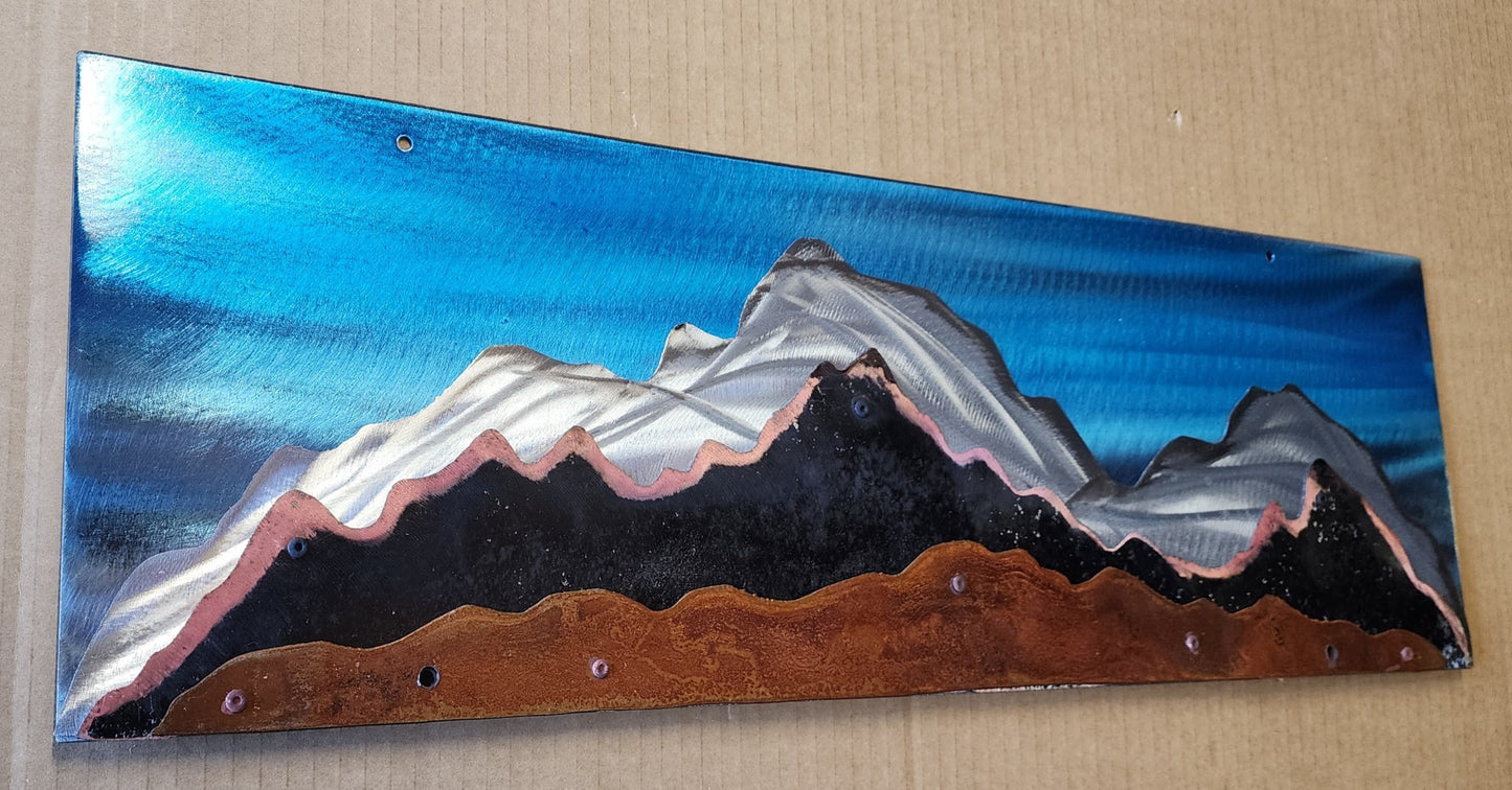 Layered Metal Mountains with Blue Sky Backer