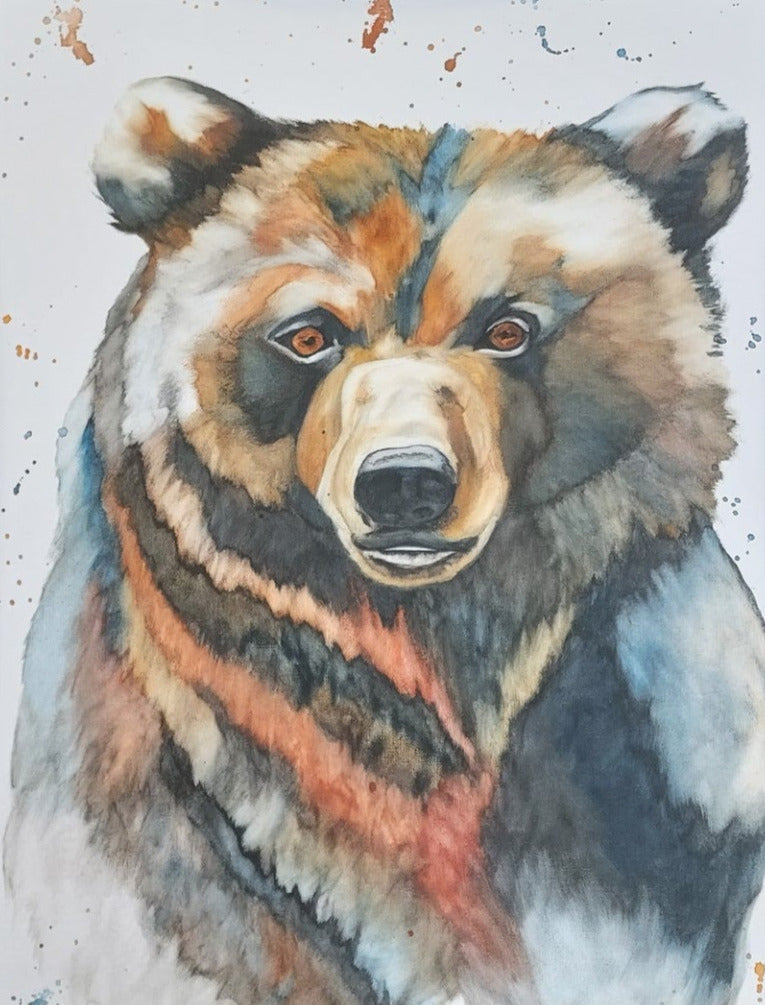 " Autumn Bear " Watercolor Print Artist: Sarah Olsen Print from an Original Watercolor Painting  Bear head facing directly to the viewer  Choose From:  Print  12" long x 16" high print matted as 16" long x 20" high  Hand signed by the artist  Matted in a black matting  Ready for a frame  Framed 5" long x 7" high print  Printed on watercolor paper  In a slim black plastic frame