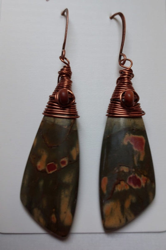 " Green with Red Spots " Cherry Creek Jasper with Copper Earrings