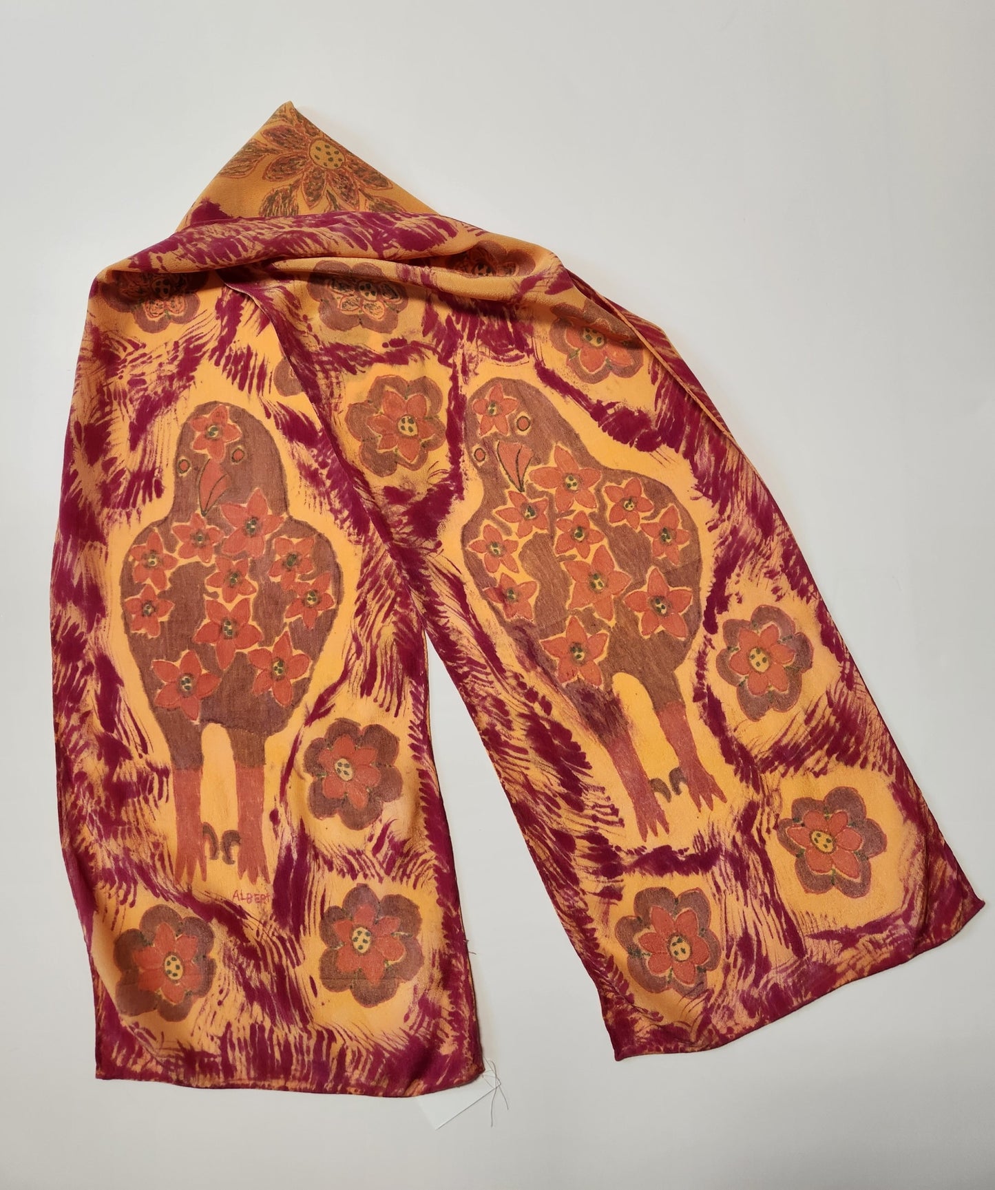 Original Fiber Art  Silk Scarf of Two Birds