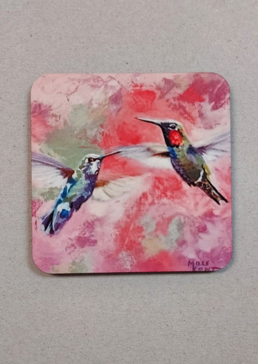 Hummingbird Pair on Pink Coaster
