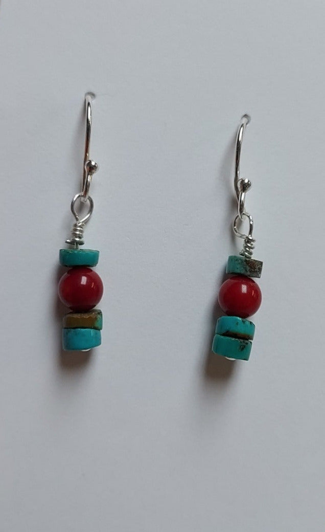 American Turquoise Red Coral Earrings