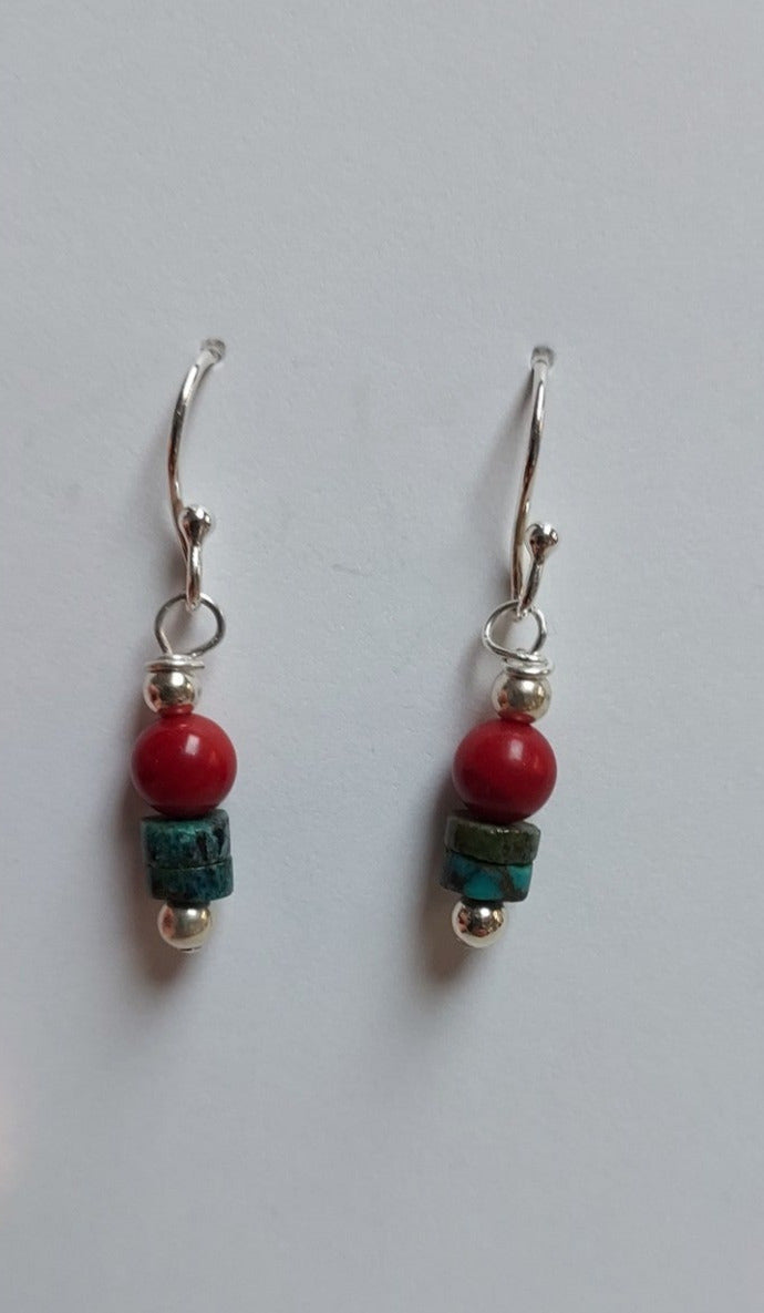 American Turquoise Red Coral Silver Bead Earrings