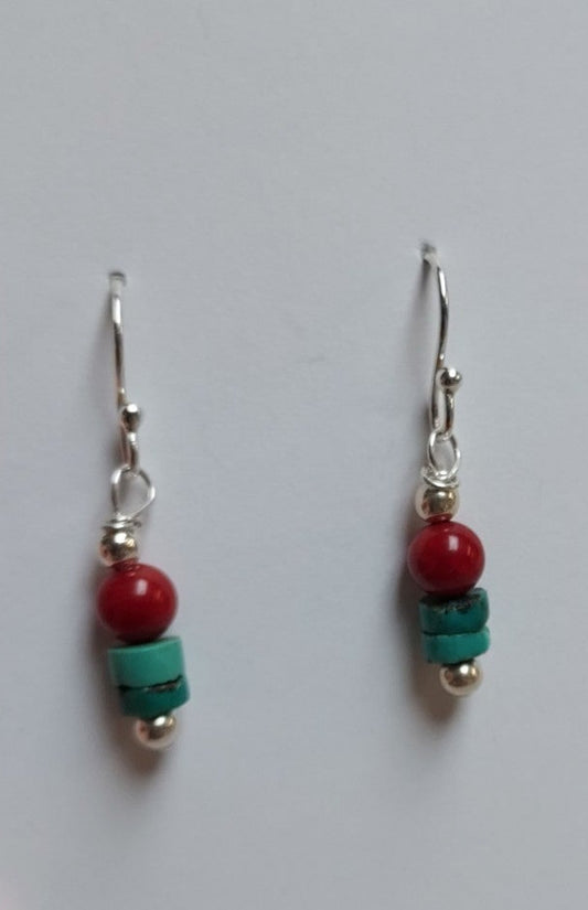 American Turquoise Red Coral Silver Bead Earrings