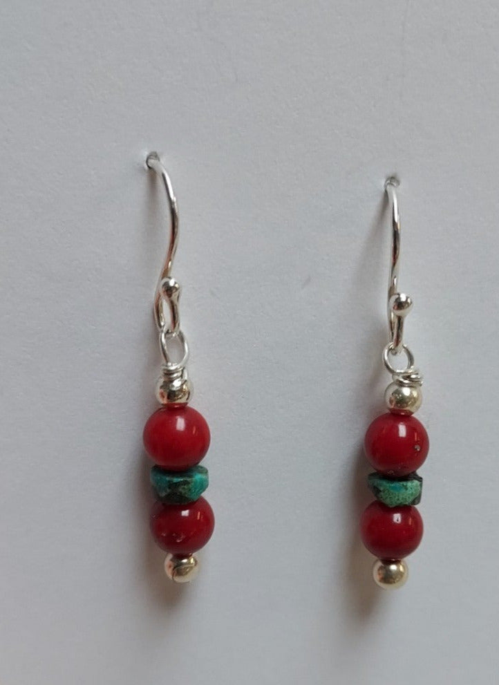 American Turquoise Red Coral Silver Bead Earrings