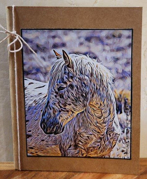 Small pocket notebook with print of original artwork by the artist Colorful horse in white, blue grey and yellow 4.5" long x 5.5" high x 1/8" wide