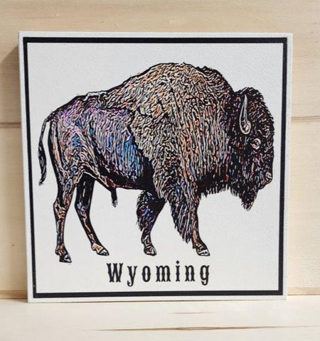 colorful bison facing to the right. Printed on wood and on a wood frame. From artist's orginal desing