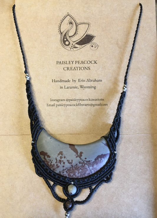 Hand knotted macrame necklace with stone  This one of a kind necklace features a bulico jasper crescent moon in grey and plum, with a smooth matte finish