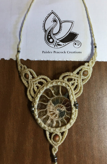 hand knotted macrame necklace with ammonite and Picasso Jasper. adjustable
